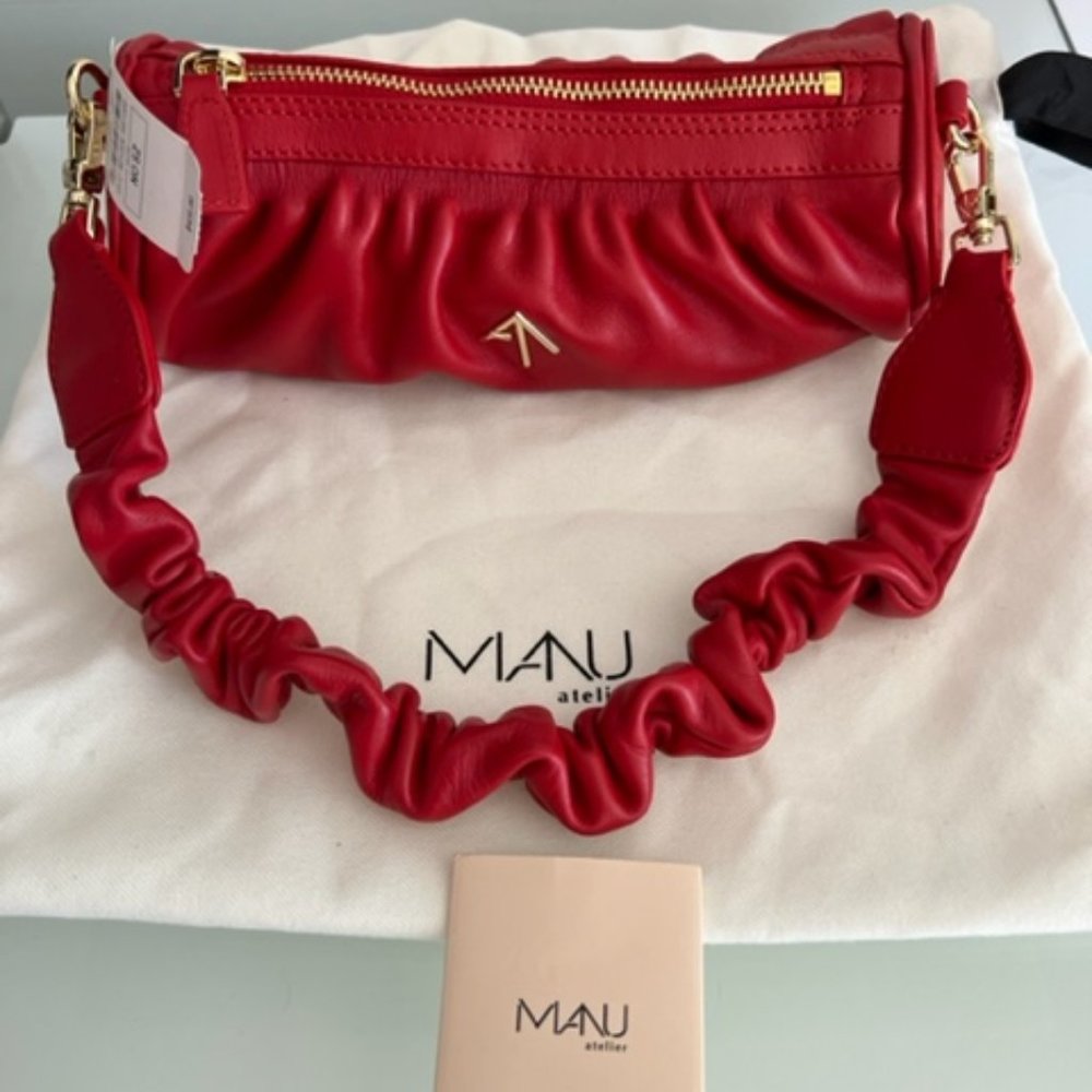 MANU ATELIER Red Leather Ruched Mini Cylinder Shoulder Bag